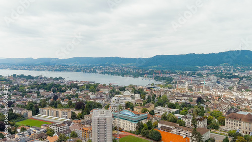 Fototapeta Naklejka Na Ścianę i Meble -  Zurich, Switzerland. Panorama of the city overlooking Lake Zurich. Summer day, Aerial View