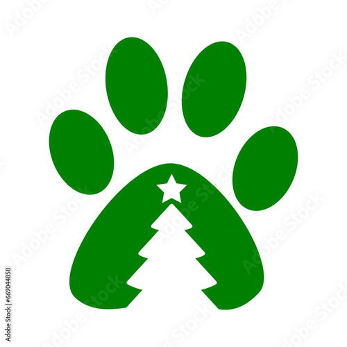 Tiempo de Navidad. Logo pet friendly. Silueta de zarpa de perro o gato con árbol de navidad en espacio negativo para su uso en invitaciones y tarjetas