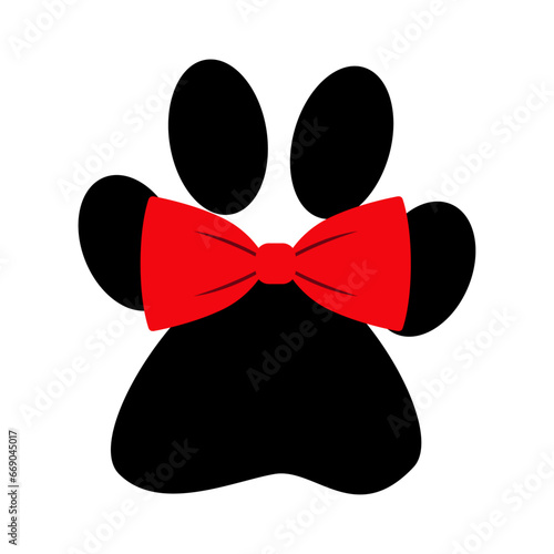 Tiempo de Navidad. Logo pet friendly. Silueta de zarpa de perro o gato con corbata de lazo para su uso en invitaciones y tarjetas