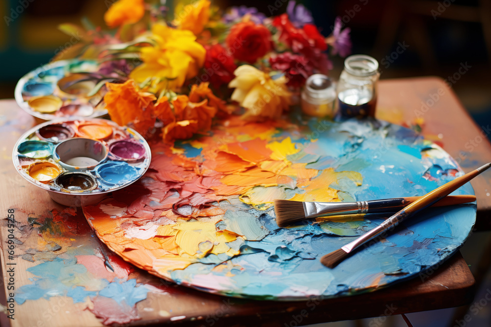photo of an artist's palette with a variety of colorful paints and a set of brushes. Art Workshop Photo photo of an artist's palette with a variety of colorful paints and a set of brushes. Art Workshop Photo