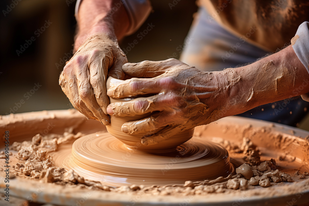 Freeze the moment of clay shaping on a potter's wheel, highlighting the hands at work. Art Workshop Photo