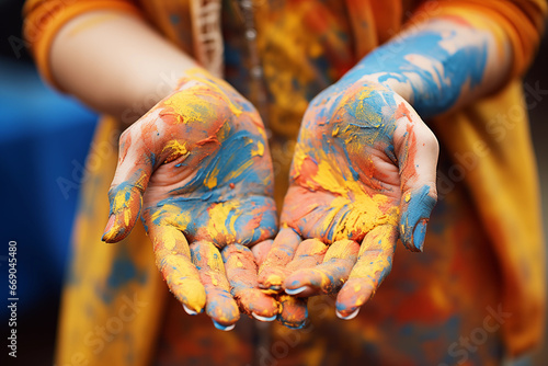close-up of hands covered in paint or clay, depicting the tactile nature of art creation. Art Workshop Photo