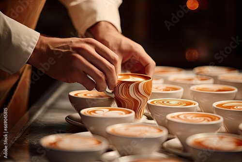Man placing coffee cups with foam. Table full of cups.