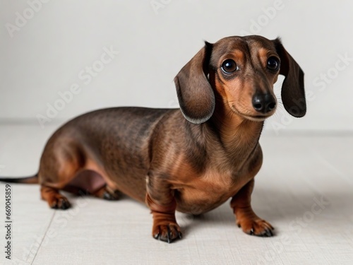 Perro salchicha echado sobre fondo blanco