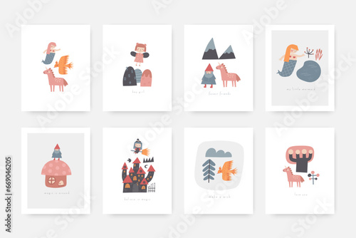 Fairy tale baby shower postcards set with cute hand drawn doodle gnome, unicorn, mermaid, fairy, witch, castle, firebird. Magical cover, page, template, banner, poster. Mythology enchanted backgrounds