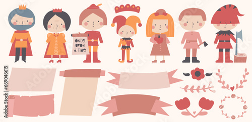Fairy tale characters set. Cute hand drawn doodle kingdom clip art for kids. Cartoon items, scrolls, wreath, ribbons, king, queen, herald, jester, peasant executioner