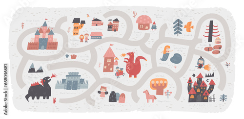 Fairy tale kingdom map with castle, princess, prince, dragon, witch, mermaid, peasant village, fairy, unicorn, gnome, frog. Cute hand drawn doodle medieval map with fantasy magic creatures for kids.