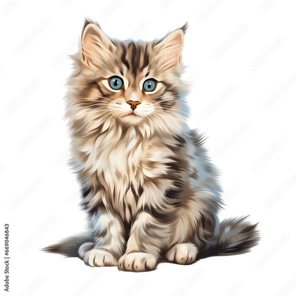 Cute siberian kitten, sitting cat illustration isolated on  transparent background Generative AI