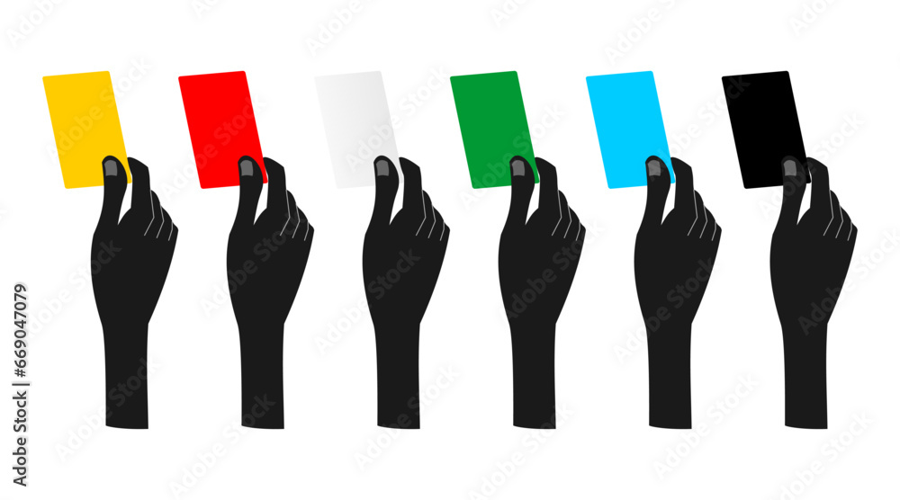 Hands holding red, yellow, white, green, blue and black cards which are used by referees in football or soccer matches. vector illustration design. Hands holding red, yellow, white, green, blue and black cards which are used by referees in football or soccer matches. vector illustration design.