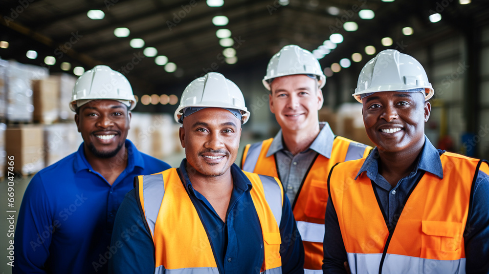 Group of multriethnic male factory workers standing after finished work in industry factory, wearing safety uniform and helmet.
Group of multriethnic male factory workers standing after finished work in industry factory, wearing safety uniform and helmet.