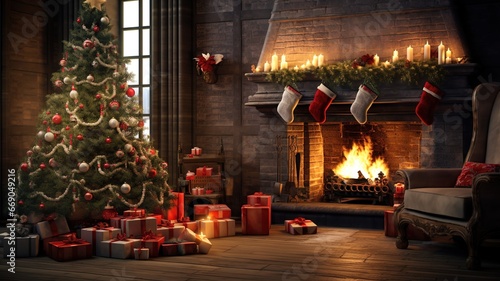 Christmas house interior. magical glowing tree, fireplace, gifts in the evening AI