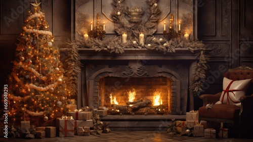 Christmas house interior. magical glowing tree  fireplace  gifts in the evening AI