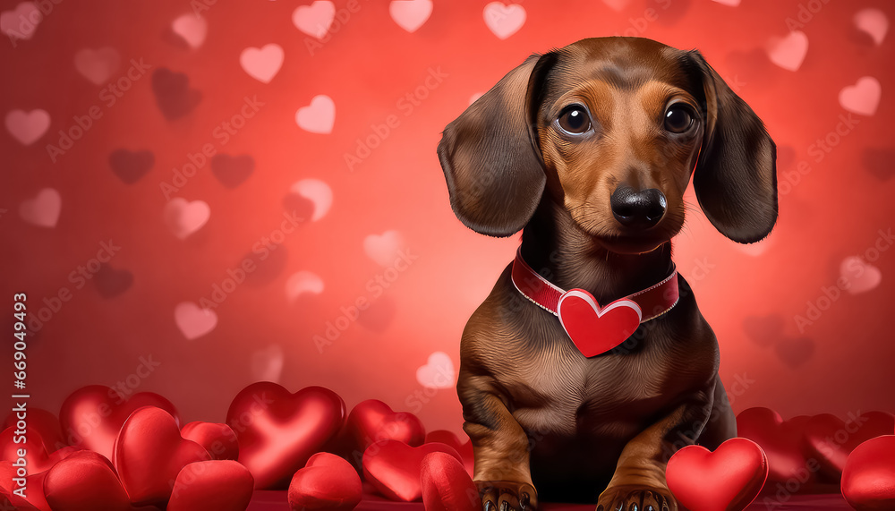 Dog on pink background with hearts, valentine's day concept