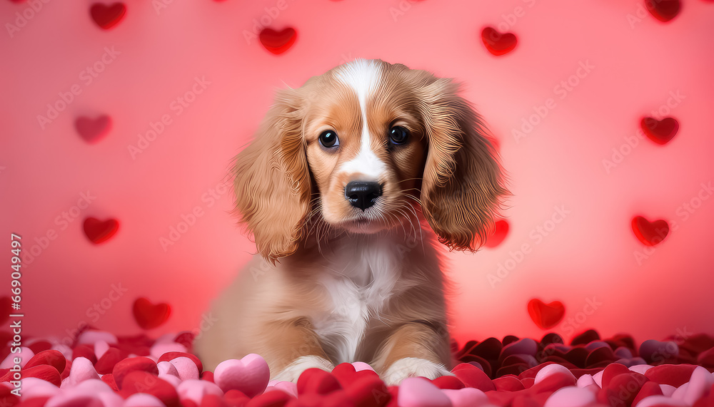 Dog on pink background with hearts, valentine's day concept
