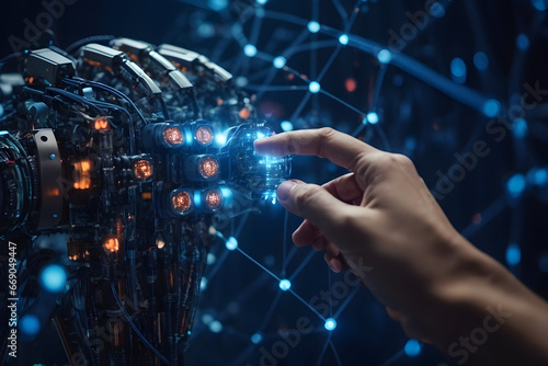 AI, Machine learning, Hands of robot and human touching on big data network connection background, Science and artificial intelligence technology, innovation and futuristic. Generative AI
