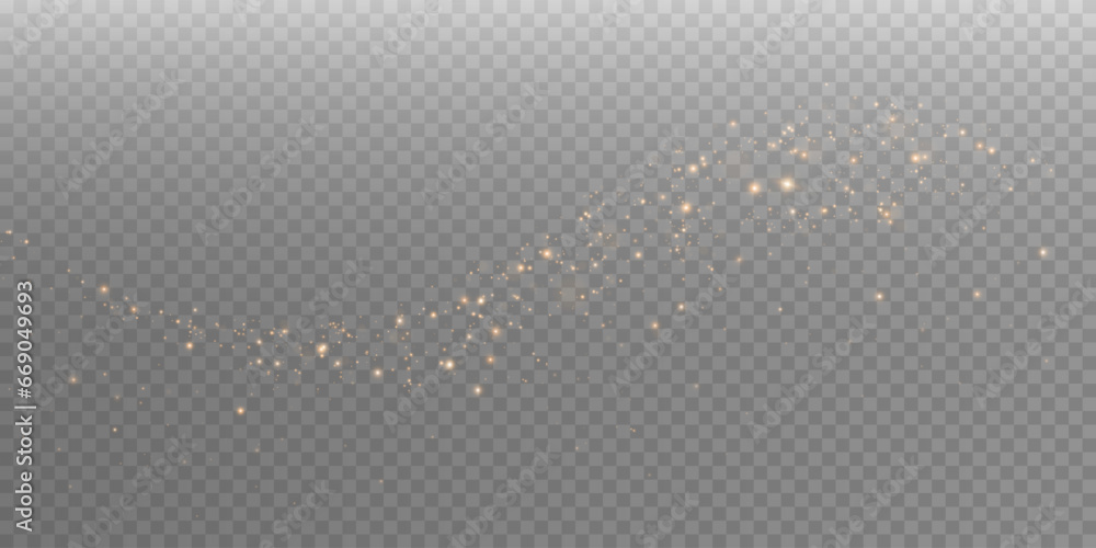 The dust sparks and golden stars shine with special light. Vector sparkles on a transparent background. Christmas light effect. Sparkling magical dust particles. - obrazy, fototapety, plakaty 