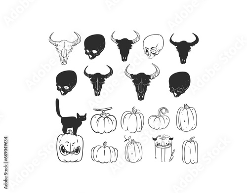 Hand drawn vector abstract graphic line art and silhouette Halloween big set of creepy characters,pumpkins ,skull isolated.Halloween outline scary graphic design concept decoration,line art icons.