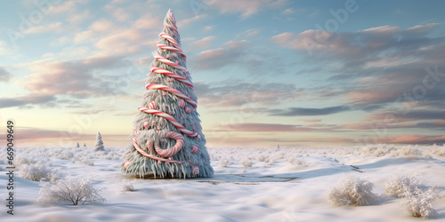 Candy cane christmas tree on snowy landscape on a cloudy day, in the style of photobashing, soft sculptures, realistic blue skies, light pink and green, commission for, detailed and intricate composit photo