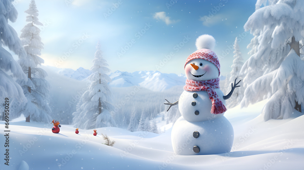 Fototapeta premium A snowman stands on the street and makes people happy