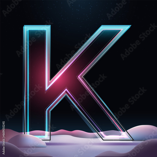 3D letter K with neon light insight. Glass letter with sparkles and winter background. Holiday decoration. Element for design poster, advertisign or game photo