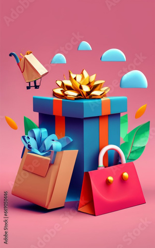 illustration of Online shopping with gift box shopping bag Secure online shopping concept Vextorial style illustration, photo, poster, 3d render Ai image