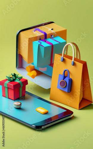 illustration of Online shopping with gift box shopping bag Secure online shopping concept Vextorial style illustration, photo, poster, 3d render