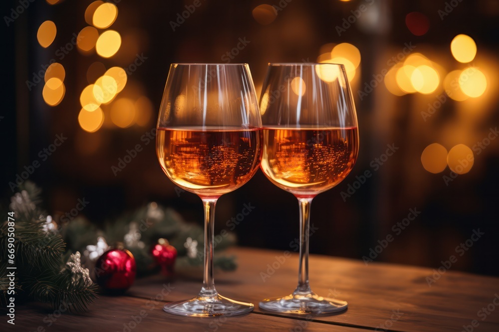 two glasses of rose sparkling wine to cheers for Christmas or New year. Celebrating at party. Happy Birthday or anniversary. Festive drinks background