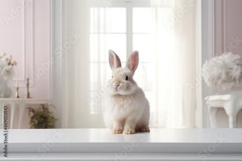 white bunny rabbit on the table in modern home