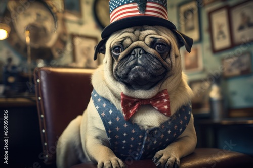 American pug dog in barbershop funny poster. 