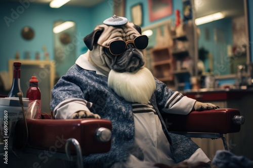 Cool pug dog in barbershop funny poster.  photo