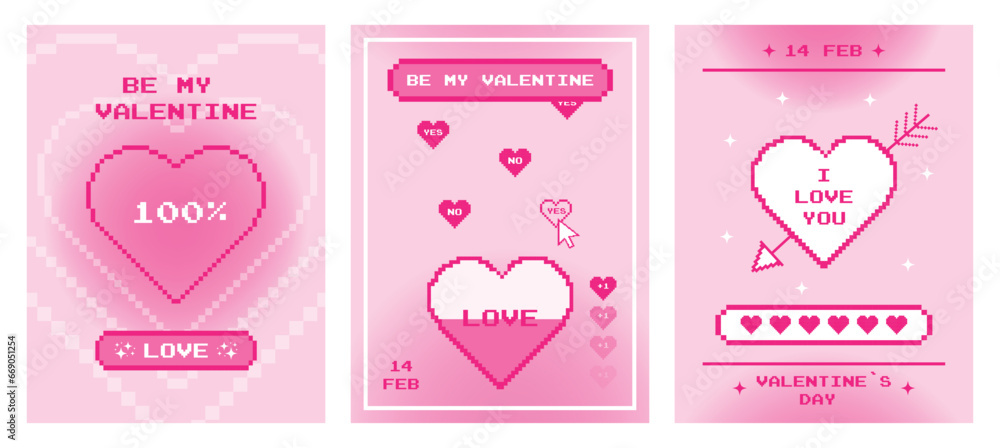 Set of pixel posters or cards for Valentine's Day. 2000s style love letter. Vector illustration