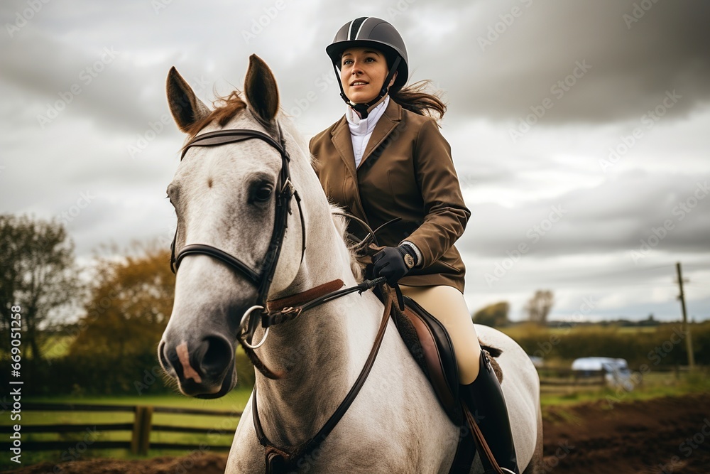 Obraz premium female equestrian competing with white horse