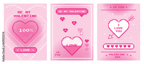 Set of pixel posters or cards for Valentine's Day. 2000s style love letter. Vector illustration