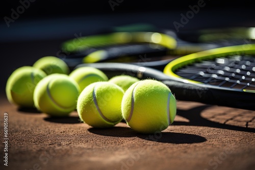 many tennis balls and rackets on court © Belish