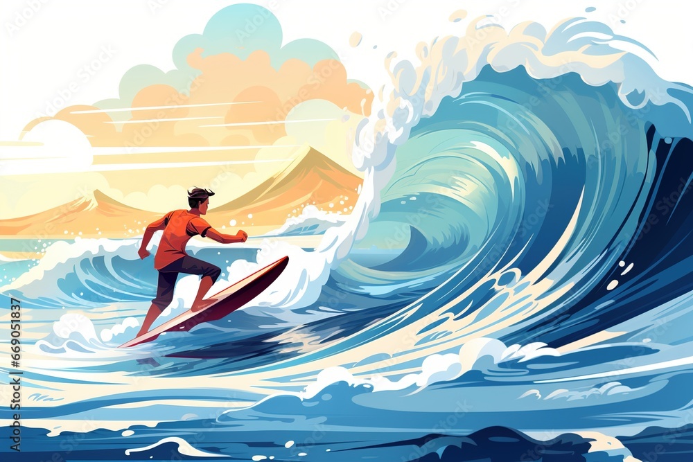 surfer on ocean waves illustration