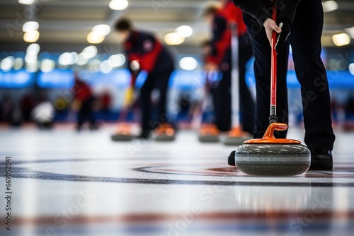 Curling stones and competitors photo