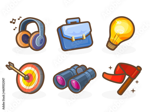 Casual icons for your app. Bright remarkable UI elements. Headphones, light bulb, briefcase, flag and others. Nice vector UI illustration for your business.