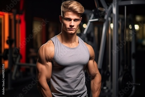 Young, athletic man in sportswear in a gym. Close-up view. Active, sporty man in fitness club. Generation Z. Beautiful, muscular body. Big muscles. Healthy lifestyle.