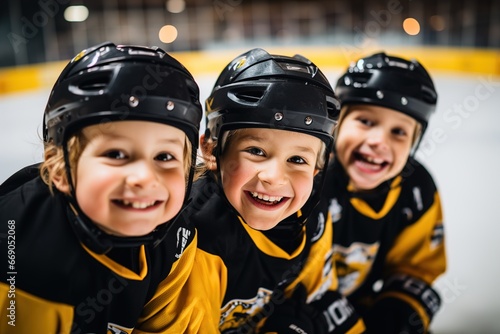 three small children playing hockey on ice photo