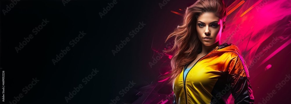 Young, athletic brunette woman in vibrant sportswear. Close-up view. Active, sporty, fitness girl. Generation Z. Beautiful, perfect body. Zumba, aerobic wear. Banner with copy space. - obrazy, fototapety, plakaty 