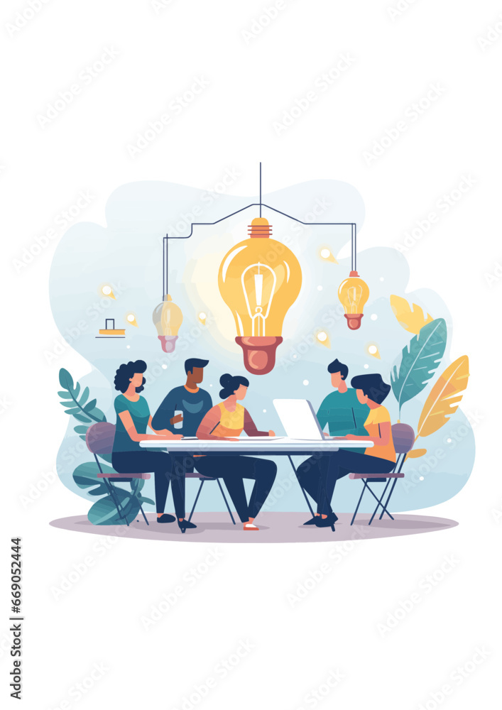 Office team working on ideas around a light bulb Office team working on ideas around a light bulb