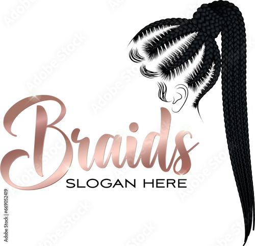 Braids hairstyle logo design - black hair and pigtails braided with artificial hair braiding african cornrows style .
