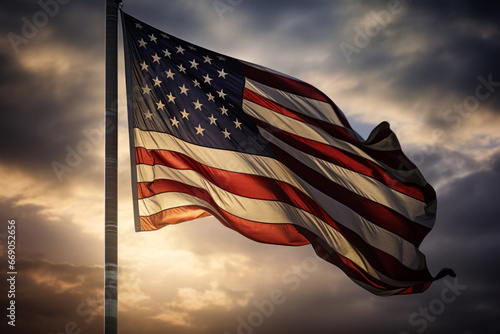 AI Generated Image. Stunning USA flag flowing with the wind at sunset