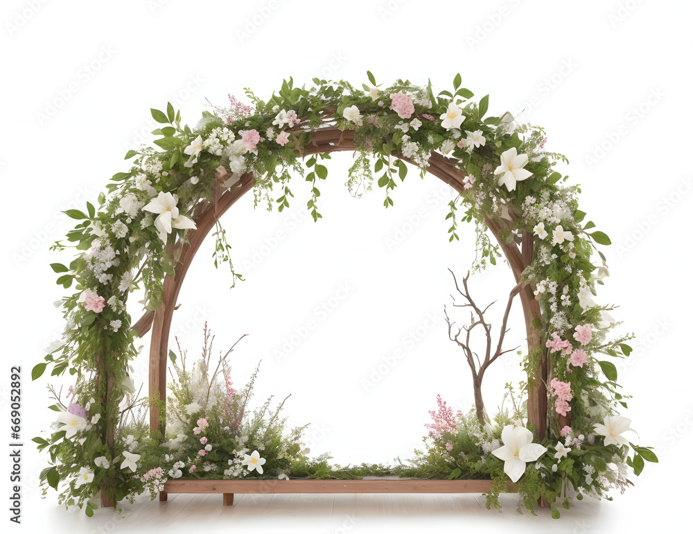 Arch of pink an d white climbing roses. Floral design. Wedding decoration. Illustration, detailed, isolated on white background. PNG, wedding decoration