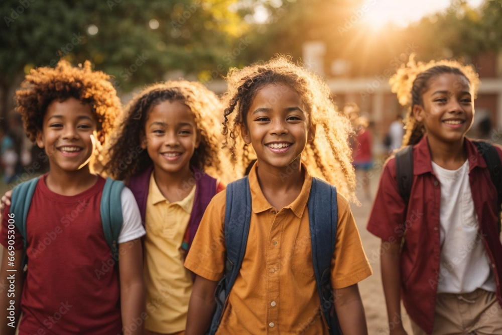 Obraz premium Portrait Of Multi-Cultural Children Hanging Out With Friends at sunset, Diversity concept