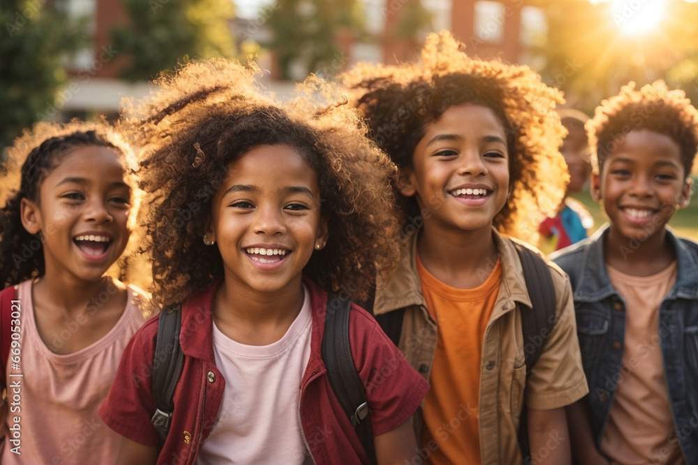 Fototapeta premium Portrait Of Multi-Cultural Children Hanging Out With Friends at sunset, Diversity concept