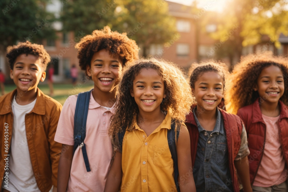 Fototapeta premium Portrait Of Multi-Cultural Children Hanging Out With Friends at sunset, Diversity concept