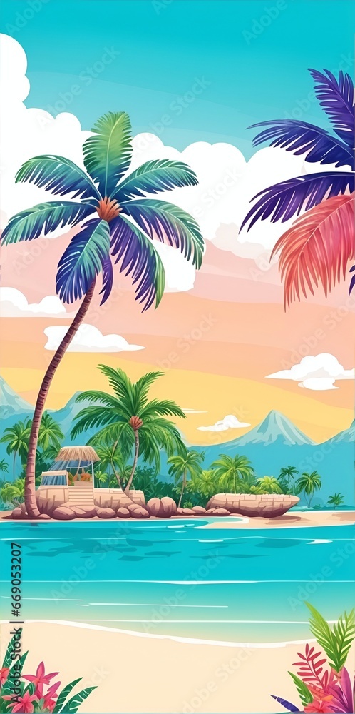 Cartoon beach and palms landscape. AI generated illustration