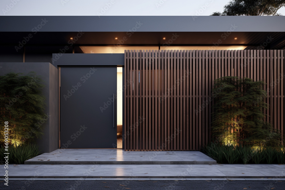 Suburb home grey brown dark metal aluminum gate slats portal access house door - obrazy, fototapety, plakaty 