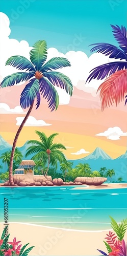 Cartoon beach and palms landscape. AI generated illustration